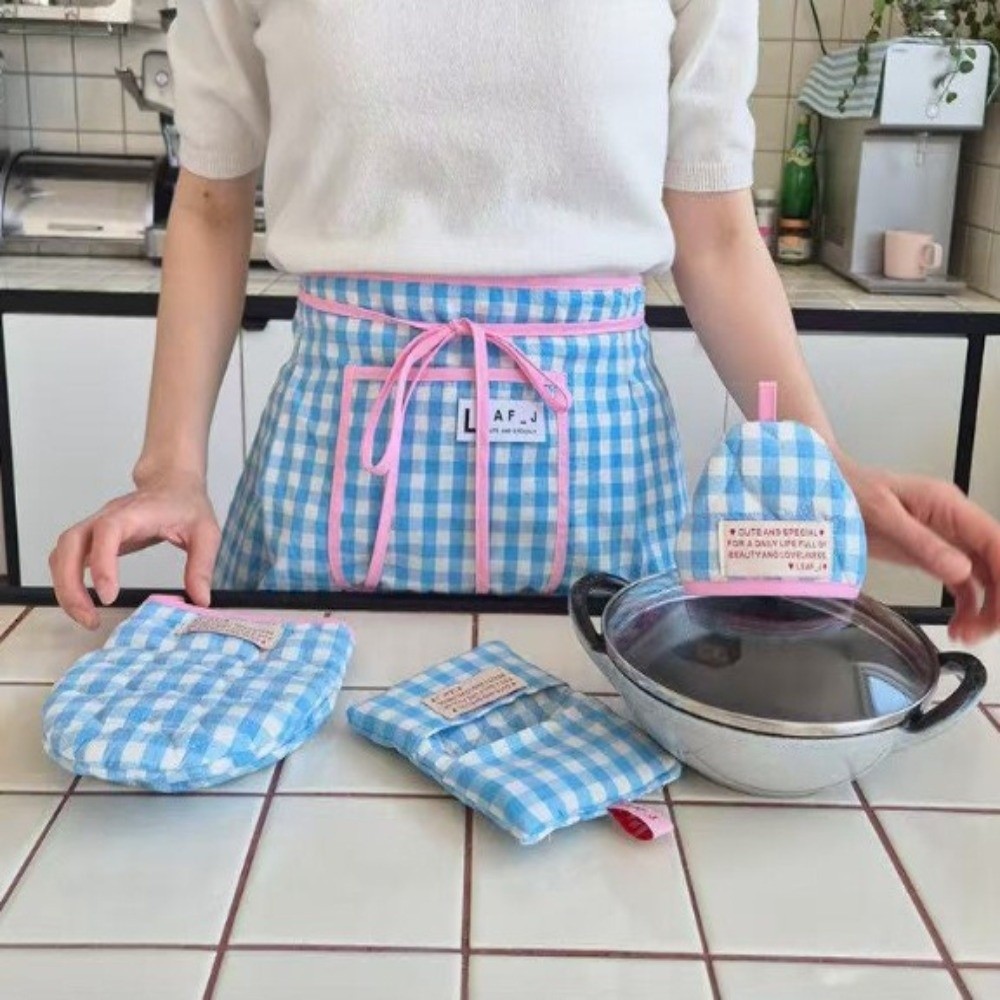 새로운 면 하프 허리 앞치마 얼룩 방지 사각 체크 패턴 - Home Cooking Work 리뷰 및 가격