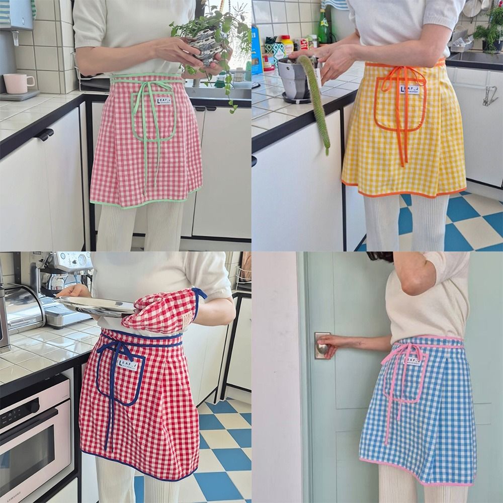 새로운 면 하프 허리 앞치마 얼룩 방지 사각 체크 패턴 - Home Cooking Work 리뷰 및 가격